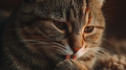 Tabby cat grooms itself