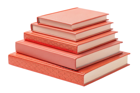 Stack of five coral colored books isolated on transparent background - Powered by Adobe