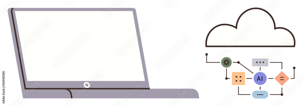 Wall mural laptop connected to cloud with ai workflows and data processes. ideal for technology, ai, automation