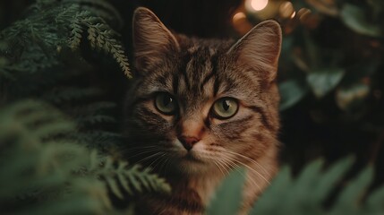 Tabby cat peers, framed leaves