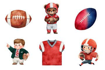 Watercolor images of a football a teddy bear football player a boy in a suit holding a football and a football jersey