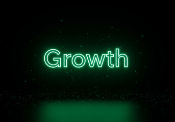 Vibrant green neon "Growth" text with a modern glowing effect on a dark background, symbolizing business development and technological progress.