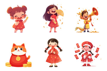 Cartoon drawings depict children celebrating Chinese New Year coins red envelopes and a cat are also included
