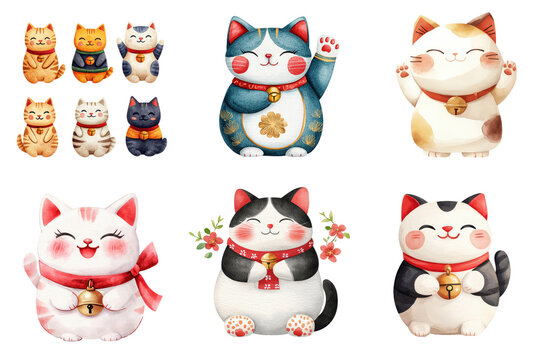 Assorted Watercolor Illustrations Of Lucky Maneki Neko Cats With Bells And Various Poses On A Transparent Background