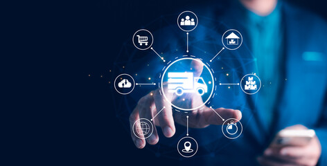 Smart Logistics and Modern Supply Chain Management. A businessman interacts digital ecosystem of parcel delivery, warehousing, and e-commerce, global shipping efficiency. AI, IoT, Big Data, transport.