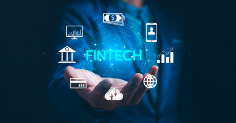 Fintech: Digital finance innovation. Businessman presents future banking, investments, and secure transactions via advanced tech like AI, Blockchain, Cloud Computing, convenient financial services.