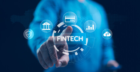 Fintech: Digital finance innovation. Businessman presents future banking, investments, and secure transactions via advanced tech like AI, Blockchain, Cloud Computing, convenient financial services.