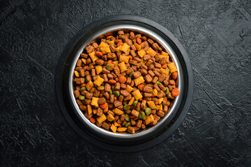 Bowl of pet food. Nutritious healthy diet pet food. On a black textured background.