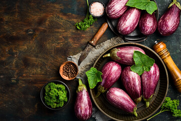 A bunch of eggplant is ready for cooking. vegetarian food. Organic vegetables. Top view.