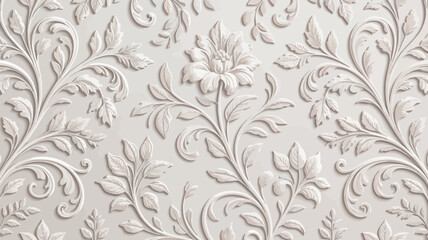 An intricate white floral pattern with embossed flowers and leaves on a textured background surface design