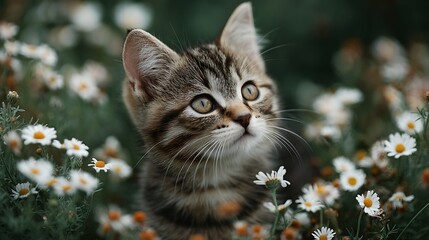 Tabby kitten in daisy field