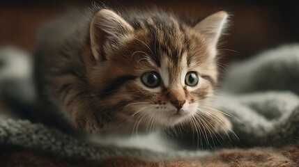 Tabby kitten plays on blanket