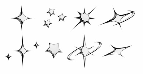 Chrome star emoticon set with metallic silver sparkles, swoosh trail, cluster formation, curved motion line and sharp pointed bursts for y2k aesthetic design, retro digital art or shiny interface.