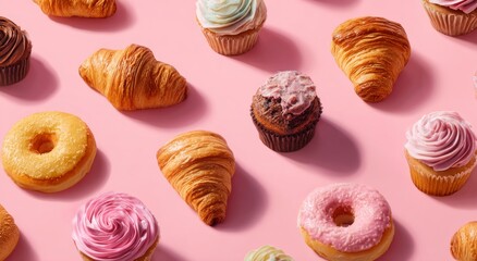 pastries on a pink background. a pink background with many different types of pastries. a variety of doughnuts on a tray