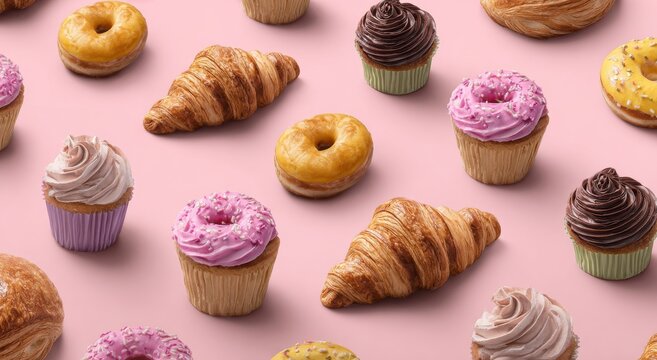 donut with pink frosting and sprinkles. a pink background with many different types of doughs. a variety of doughnuts on a table - Powered by Adobe