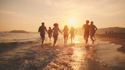 Fototapeta premium A group of friends joyfully running and leaping through the ocean waves at sunset, embodying pure happiness, freedom, and the exhilaration of summer adventures on a beautiful beach