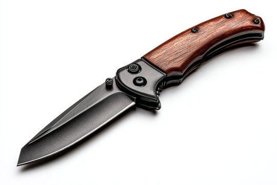 the blade of the knife.. a knife with a wooden handle on a white background. a black and white knife laying on top of a table