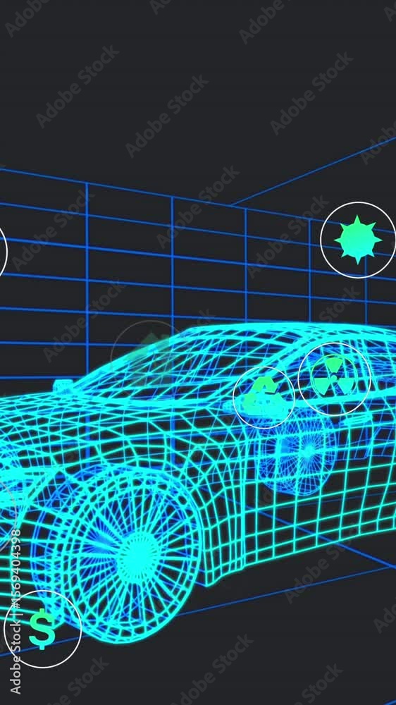 Poster animation of multiple digital icons floating over 3d car model moving in seamless pattern in tunnel