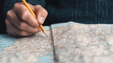 Survey Mapping Exploration Concept, Close Up of Hand Marking Waypoints on Physical Map with Pencil for Navigation and Travel Planning