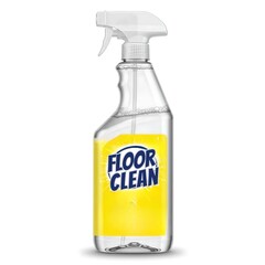 Clear plastic floor cleaner spray bottle with yellow liquid and branded label, used for floor sanitation, janitorial, and home hygiene cleaning purposes