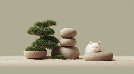 White cat naps in a Zen garden