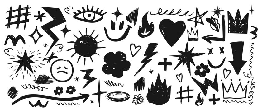 Abstract hand drawn elements punk graffiti doodles and swirls of different shapes, Smileys crown stars arrows and various symbols drawn with chalk or pencil, Vector elements isolate.