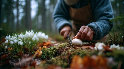 Woman cuts mushroom in woods