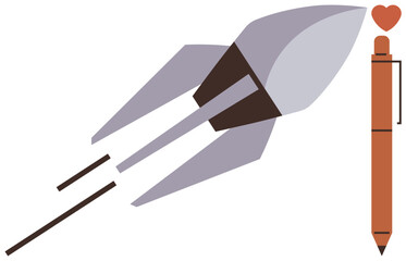 Rocket soaring toward a heart placed above a pen symbolizing innovation, passion, and creativity. Ideal for education, business growth, goal setting, innovation, creativity, motivation simple
