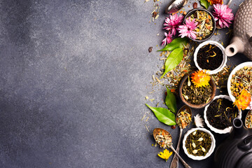 Tea background. A collection of various teas. Free copy space, flat lay.