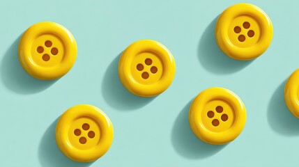 Fototapeta premium Vibrant Yellow Buttons Arranged on Soft Turquoise Background, Ideal for Craft Supplies, Textiles, Fashion Design, and Creative Projects