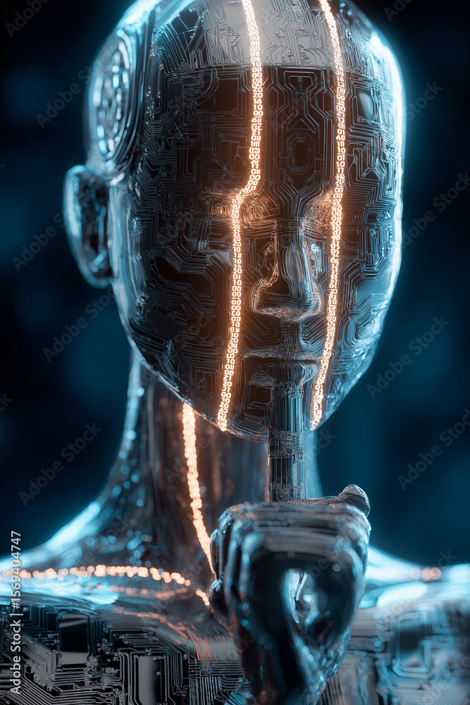 Aufkleber Futuristic humanoid robot with illuminated circuit patterns on its face, symbolizing advanced AI technology and cybersecurity. robot thoughtful pose suggests contemplation