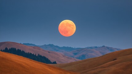 Majestic Full Moon Rising Over Serene Hills at Dusk with Vibrant Orange Glow, Illuminating the Landscape and Creating a Dreamy Atmosphere Through Soft Lighting
