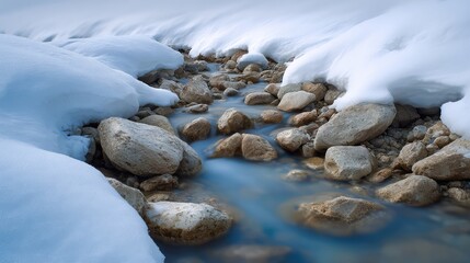 Obraz premium Serene Winter Stream Flowing Through Snow-Covered Rocks and Boulders in a Tranquil Natural Landscape During Cold Season