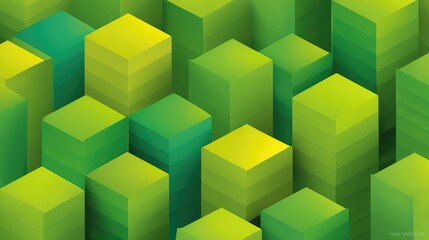 Fototapeta premium Abstract geometric landscape featuring vibrant green and yellow stacked cubes, creating a modern, dynamic texture for backgrounds in digital art and design projects.