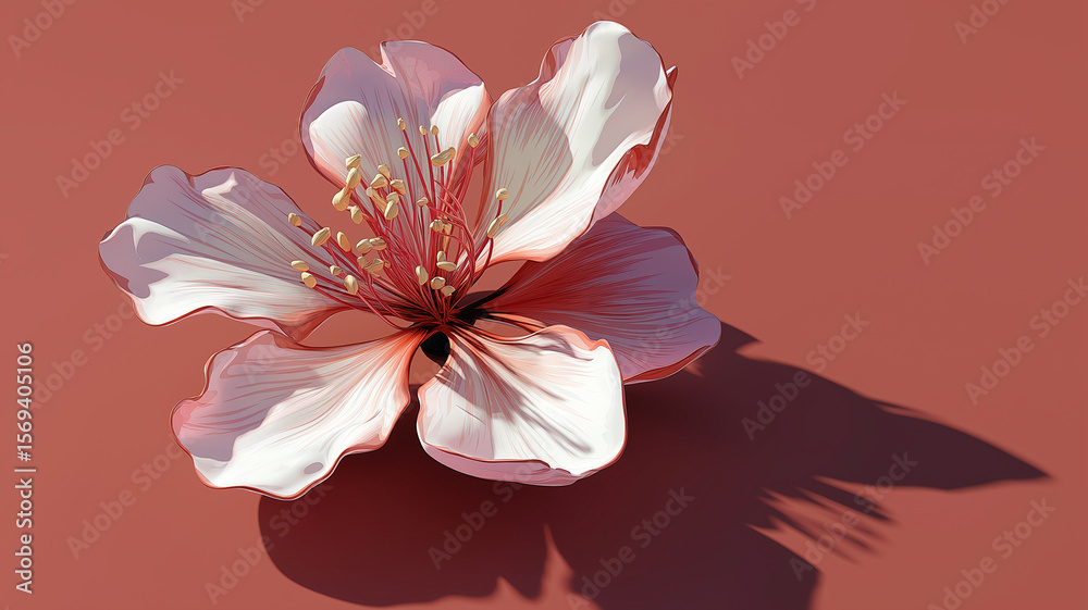 Poster Digital flower with layered petals in shades of pink and white casts shadow on red background, creating serene and elegant composition
