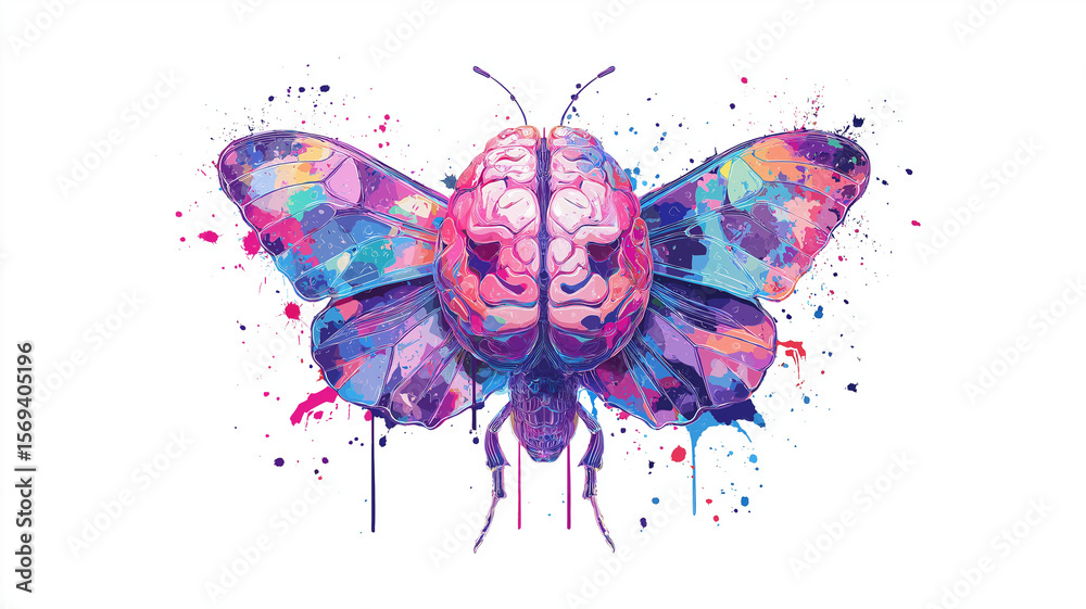 Poster Vibrant butterfly with brain like patterns on its wings, set against white background, symbolizes creativity and transformation. colorful splashes add dynamic and artistic flair