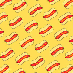 A vibrant cartoon hot dog with mustard in a bun, ideal for food illustrations, menus, and fast-food branding