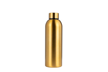 Gold metal thermos bottle standing vertically with closed lid, isolated on transparent background. The design is minimalist and modern with a sleek reflective finish.