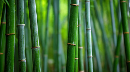 Close-up of green bamboo stalks with visible nodes, showcasing natural texture and vibrant vertical patterns in a serene, blurred forest background.