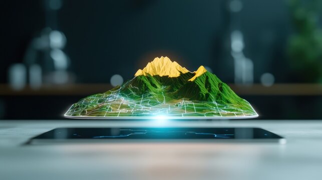 Survey Mapping Exploration Concept, Futuristic Holographic Display of 3D Terrain Map with Vivid Mountain Features and Detailed Geographic Visualization