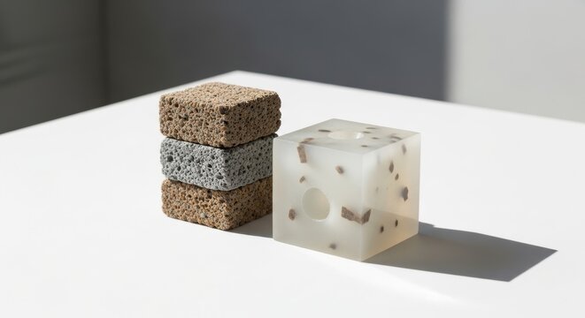 Modern pumice and resin sculptures on white surface in sunlight