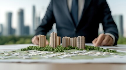 Survey Mapping Exploration Concept, Aerial View of Urban Planning Office Reviewing Architectural Models and City Maps for Development Projects