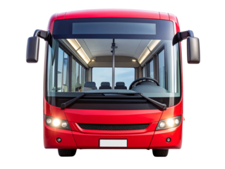 Classic Red City Bus Front View with Clear Windows, Isolated on White Background