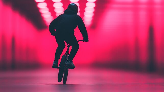 Silhouette BMX Rider in Vibrant Pink Neon Tunnel - Powered by Adobe