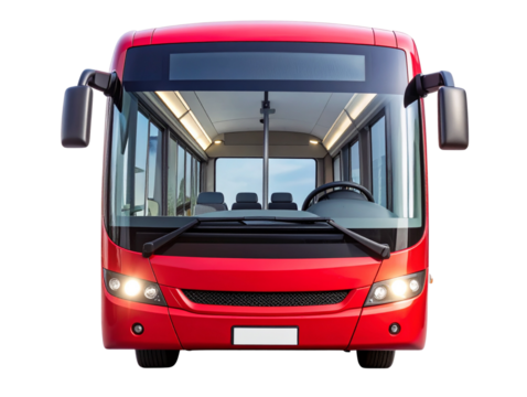 Classic Red City Bus Front View with Clear Windows, Isolated on White Background