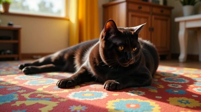Black cat resting on colorful rug in sunlit room  