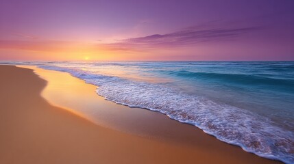 Fototapeta premium Serene Sunrise Over Gentle Waves and Sandy Shoreline Capturing the Tranquil Beauty of a Colorful Morning at the Beach with Soft Textures and Warm Tones