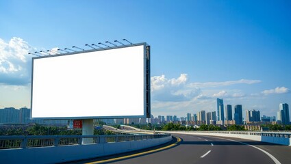 Large empty billboard by highway with city skyline backdrop.