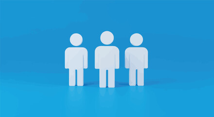 A diverse group of 3D business people, including a blue man and woman, demonstrate strong leadership and teamwork concepts, symbolizing successful community partnership