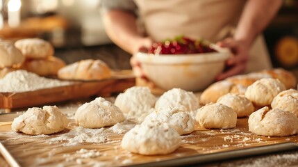 Fototapeta premium Artisan Bread Dough Balls and Berries Preparation
